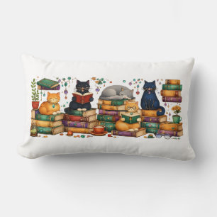 Coussin Rectangle Chats lisant des livres Scène de bibliothèque cosy