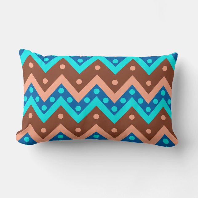 Coussin Rectangle Chevrons et points - turquoise, brun et corail (Recto)