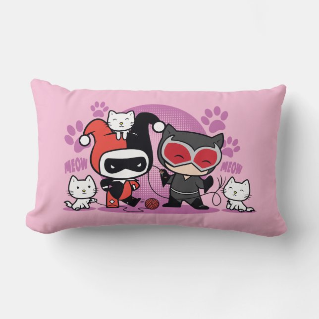 Coussin Rectangle Chibi Harley Quinn & Chibi Catwoman Avec Chats (Recto)
