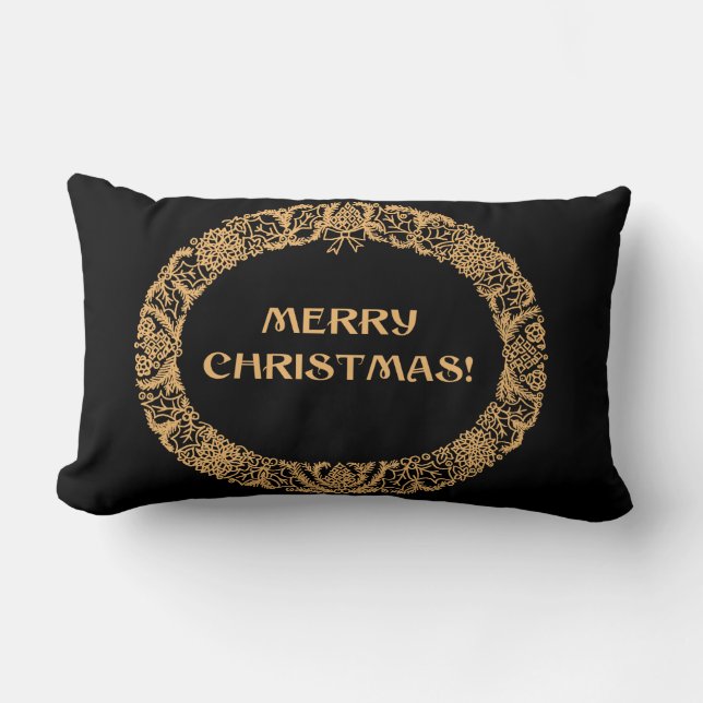 Coussin Rectangle Chic Noël Wreath Design Gold effet sur noir (Recto)