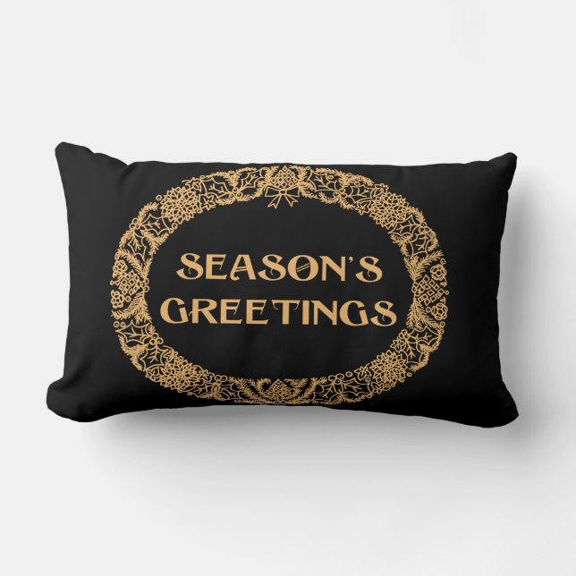 Coussin Rectangle Chic Noël Wreath Design Gold effet sur noir (Recto)