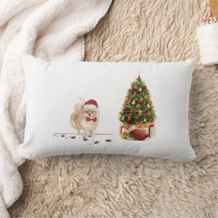 Coussin Rectangle Chien de Noël poméranien drôle avec arbre