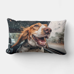 Coussin Rectangle Chien excité sur Rainy Car Ride Art