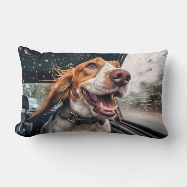Coussin Rectangle Chien excité sur Rainy Car Ride Art (Recto)