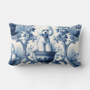 Coussin Rectangle Chinoiserie bleu et blanc Bichon Frise