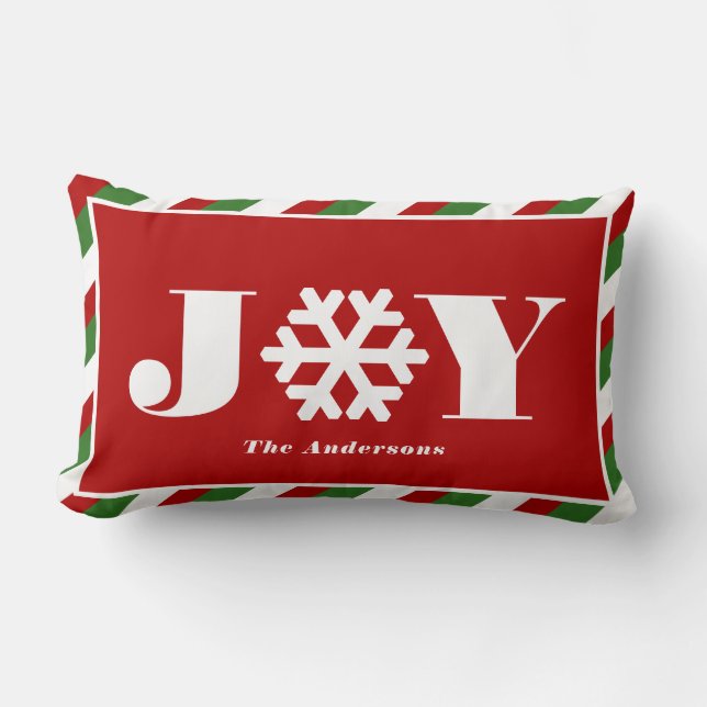 Coussin Rectangle Christmas Stripe JOY Snowflake Nom de famille (Recto)