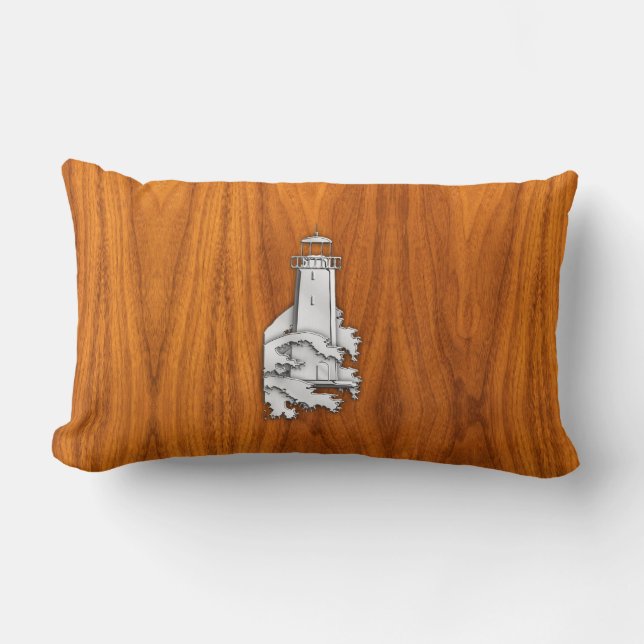 Coussin Rectangle Chrome Style Lighthouse on Teak Wood Decor (Recto)