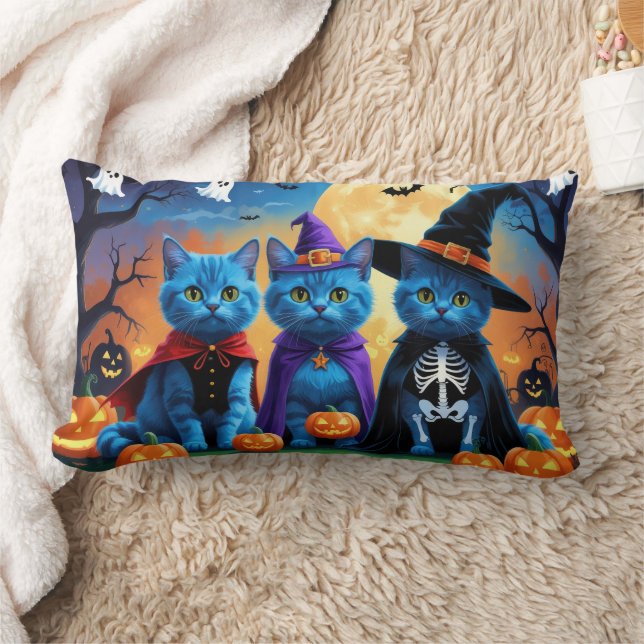 Coussin Rectangle Citrouille russe Blue Cats Halloween drôle (Couverture)