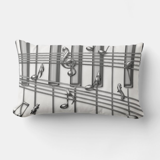 Coussin Rectangle Clavier de piano à queue argenté avec notes de mus (Recto)