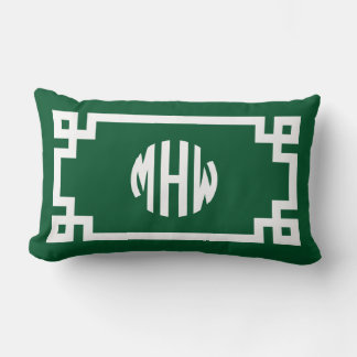 Coussin Rectangle Clé grecque en monogramme cercle blanc vert forêt