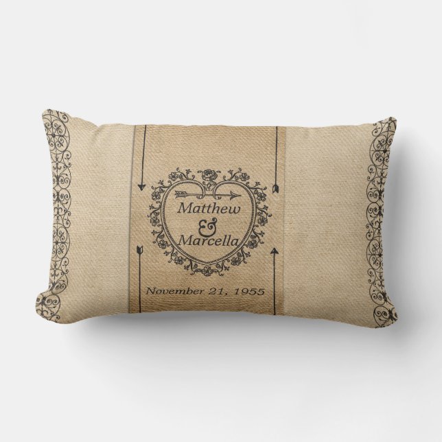 Coussin Rectangle Coeur de fantaisie de date d'anniversaire de toile (Recto)