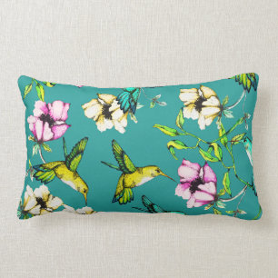 Coussin Rectangle Colibris et fleurs enchantés d'aquarelle de jardin
