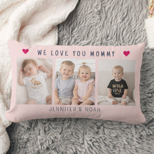 Coussin Rectangle Collage personnalisé de 3 photos pour maman rose