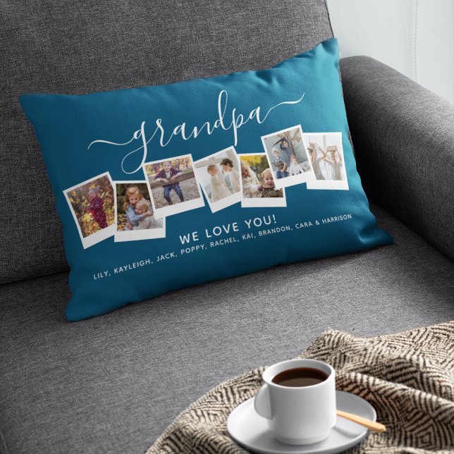 Coussin Rectangle Collage photo grand-père élégant personnalisé bleu (Créateur téléchargé)
