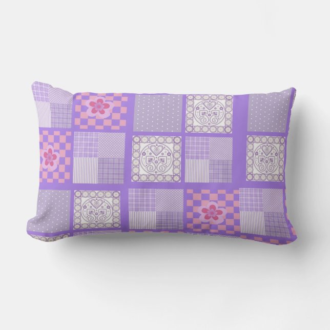 Coussin Rectangle Conception en Patchwork rose et violet (Recto)