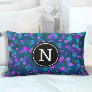 Coussin Rectangle Confetti bleu pourpre points monogramme turquoise