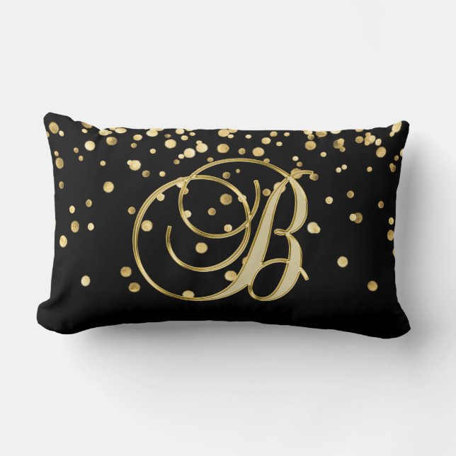 Coussin Rectangle Confettis noirs décorés d'un monogramme modernes (Recto)