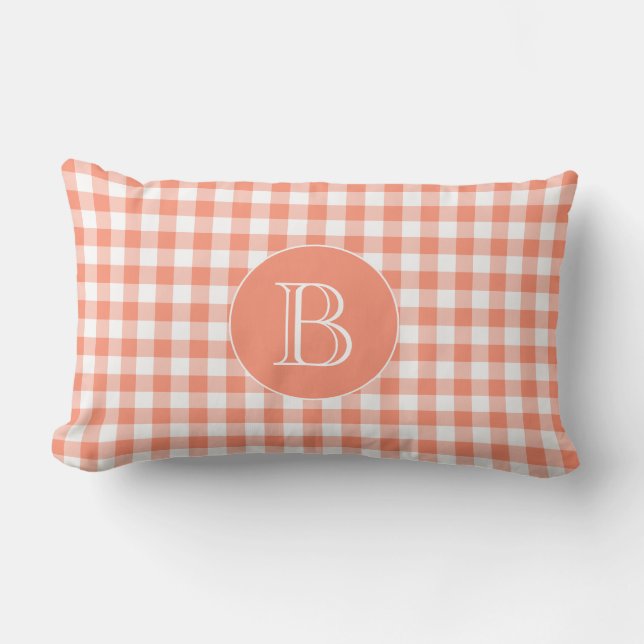 Coussin Rectangle Corail En vichy Motif Monogramme personnalisé (Recto)
