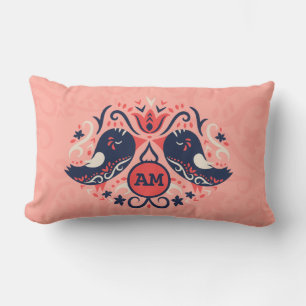 Coussin Rectangle Corail Monogramme Marine Blue Folk Art Birds Flora