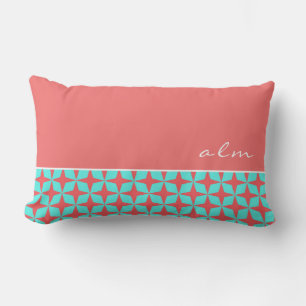 Coussin Rectangle Coral & Turquoise Motif atomique   Monogramme