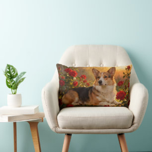 Coussin Rectangle Corgi dans les Roses VI