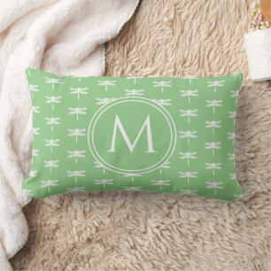 Coussin Rectangle Cottage Garden Monogramme de libellule vert et bla