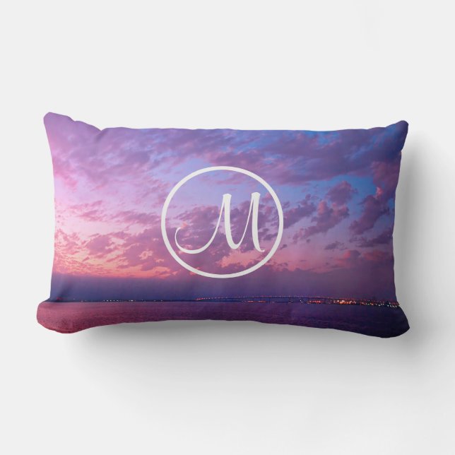 Coussin Rectangle Coucher de soleil rose violet océan photo monogram (Recto)