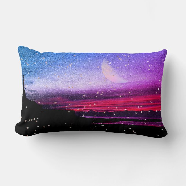 Coussin Rectangle Coucher de soleil sur la mer et les oiseaux à Aber (Recto)