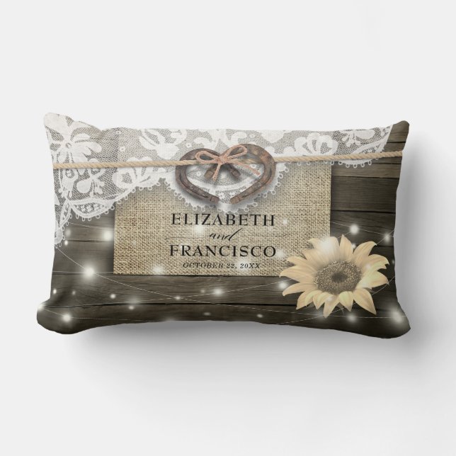 Coussin Rectangle Couple Fer à Cheval Coeur Dentelle Tournesol Bois  (Recto)