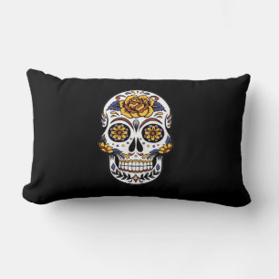 Coussin Rectangle Crâne à sucre rose jaune sur noir