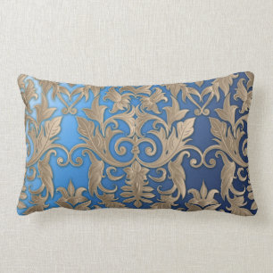 Coussin Rectangle Crème Brocade en damas baroque beige sur bleu