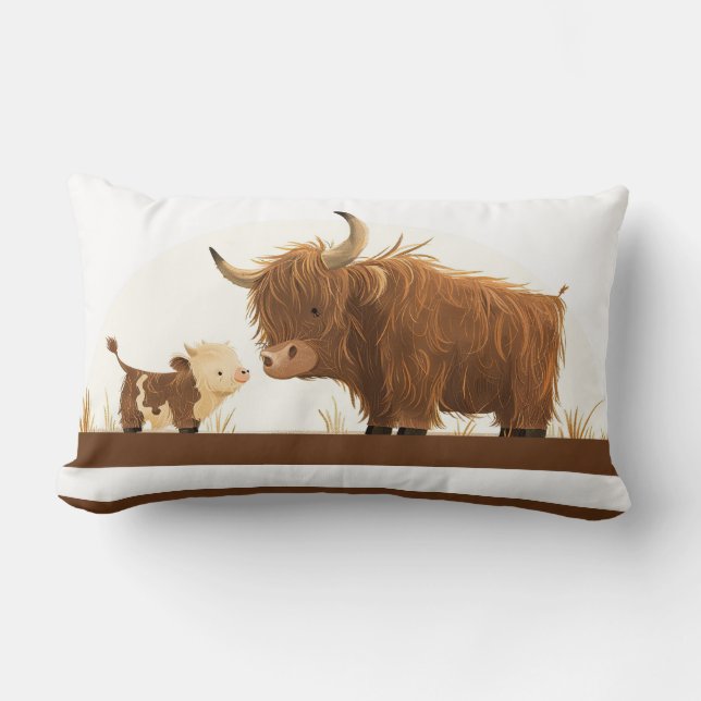 Coussin Rectangle Cute Highland Cow Mama & Calf Rustique Brown (Recto)
