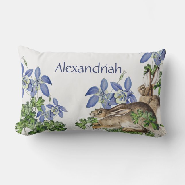 Coussin Rectangle Cute Nursery Blue Floral Lapin Aquarelle Bunny (Recto)