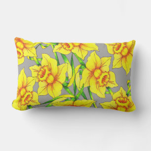 Coussin Rectangle Daffodiques de printemps doré et gris Monogramme