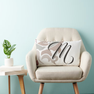 Coussin Rectangle Damas floral taupe Rose monogramme