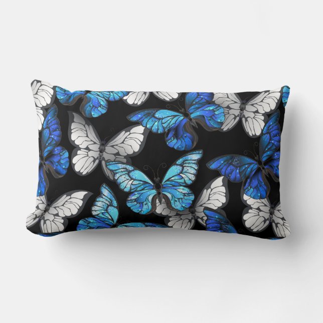 Coussin Rectangle Dark Seamless Pattern with Blue Butterflies Morpho (Recto)