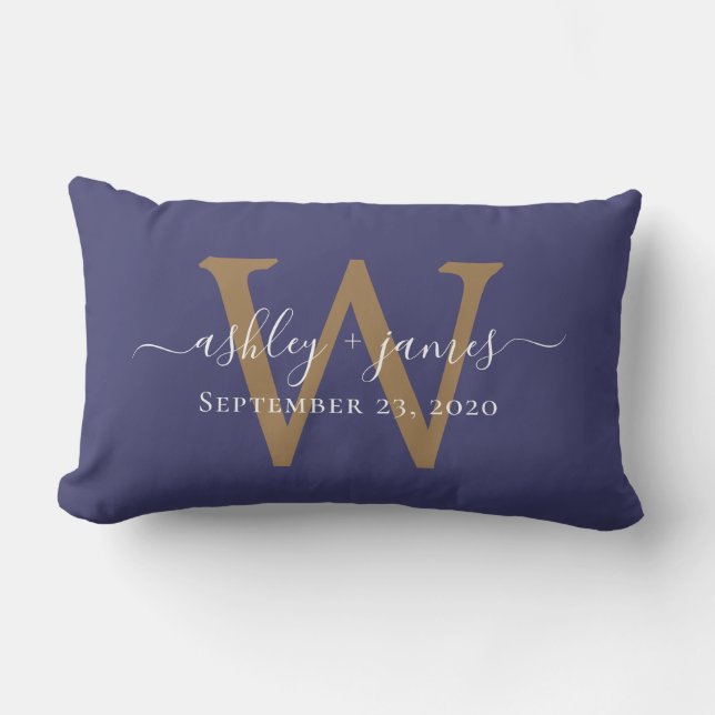 Coussin Rectangle Date de mariage Monogramme doré Bleu marine (Recto)