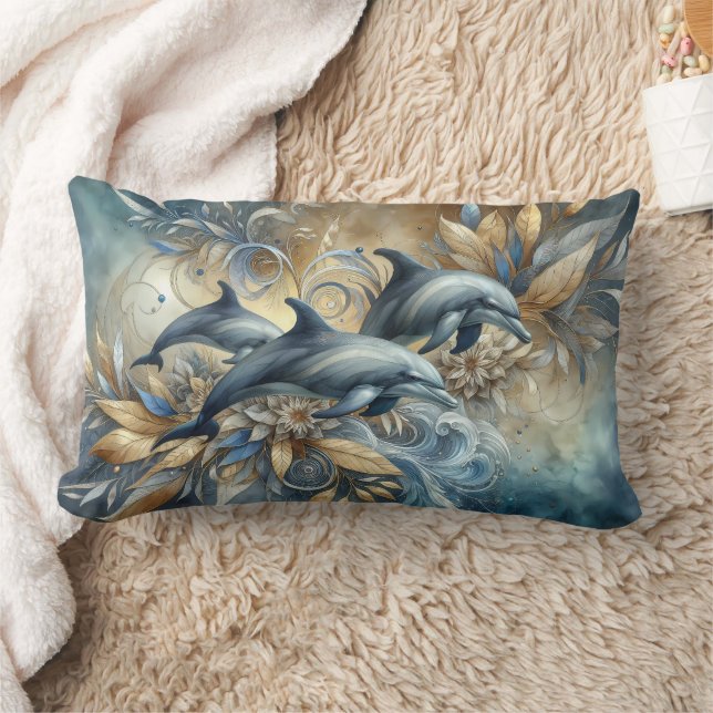 Coussin Rectangle Dauphins élégants aux vagues florales dorées (Couverture)