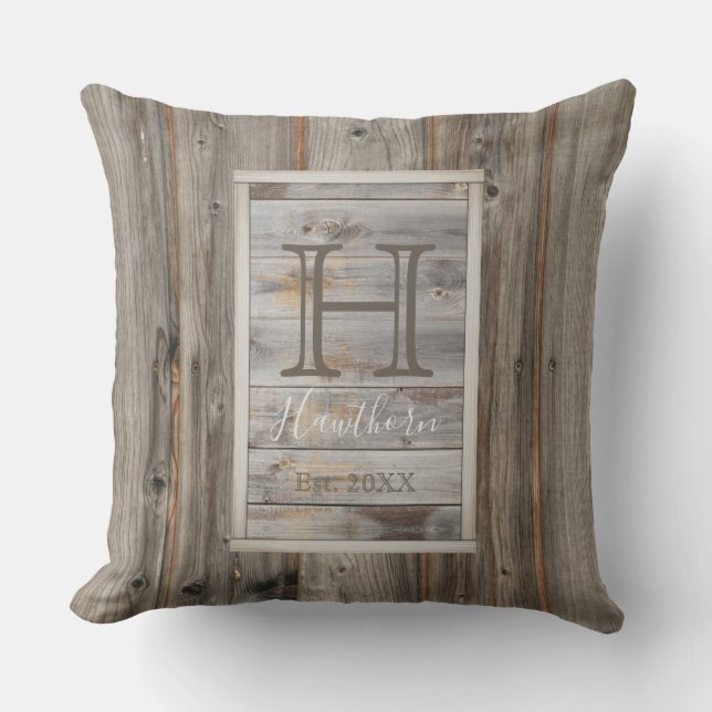 Coussin Rectangle de monogramme de ton de bois gris rustiq (Recto)
