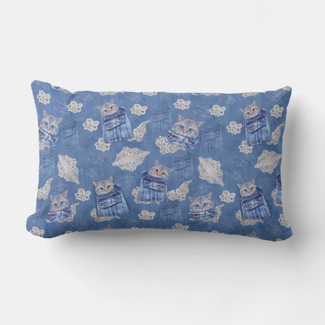 Coussin Rectangle Denim Jean poches, chatons et dentelle (Recto)