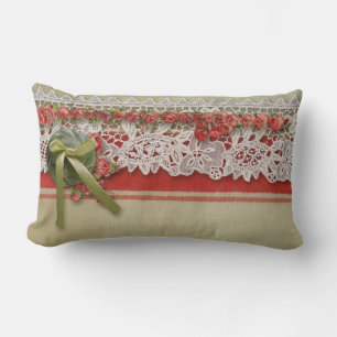 Coussin Rectangle Dentelle de rose ancienne Rouge rustique victorien