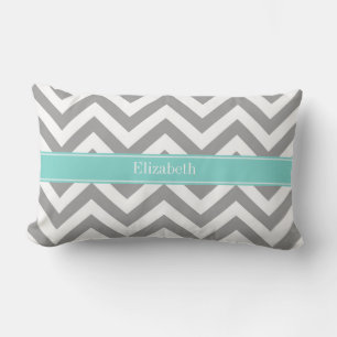 Coussin Rectangle Dk Gris Blanc LG Chevron Turquoise Monogramme Nom