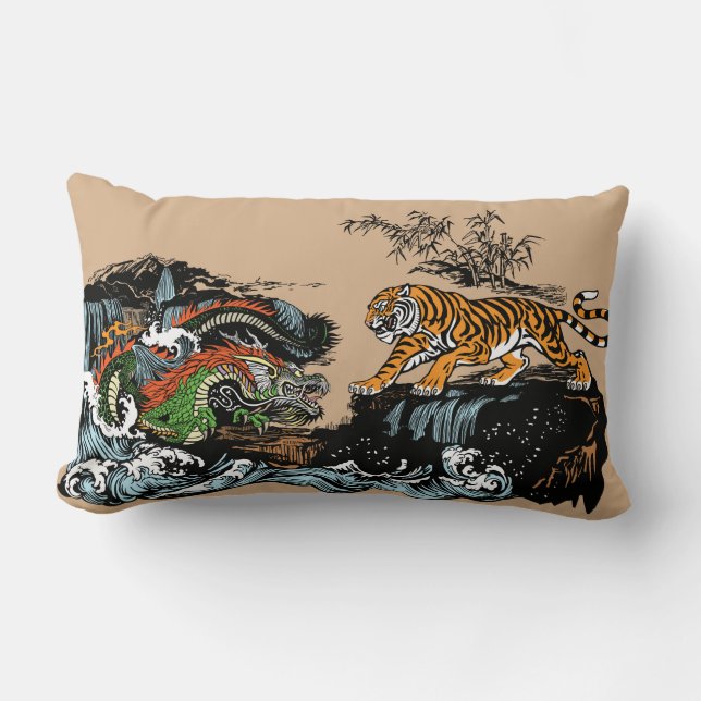 Coussin Rectangle Dragon asiatique contre le tigre (Recto)