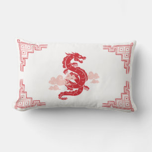 Coussin Rectangle Dragon de la Chinoiserie rouge et nuages