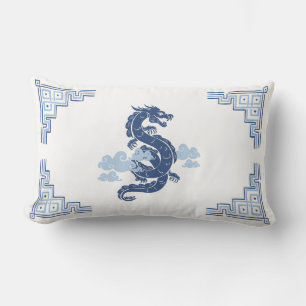 Coussin Rectangle Dragon et nuages de Chinoiserie bleu ardoise