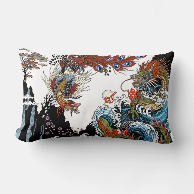 Coussin Rectangle Dragon vert et Feng Huang. Illustration (Recto)