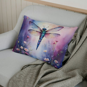 Coussin Rectangle Dragonfly with Flowers Purple Watercolor