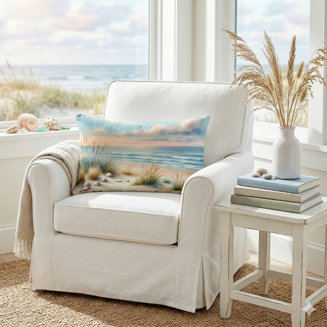 Coussin Rectangle Dunes côtières pastel à l'aquarelle (Pastel Coastal Dunes Watercolor Lumbar Pillow Mockup A)