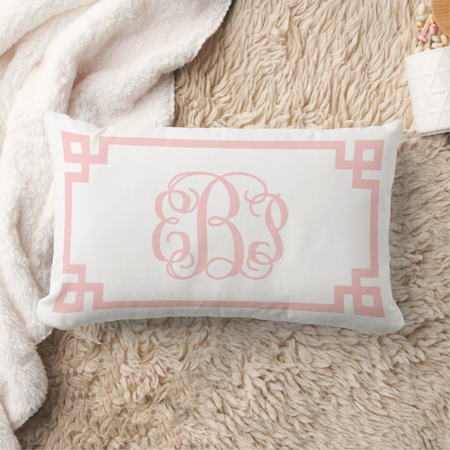 Coussin Rectangle EBP Light Pink Greek Key Script Monogram (Couverture)