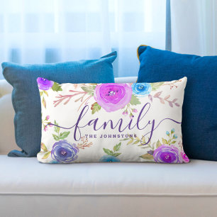 Coussin Rectangle Écriture de famille d'aquarelle florale monogramme